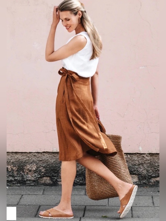 Magic Linen Dresses & Skirts - Magic Linen “Seville” 100% Linen Wrap Skirt in Cinnamon size L